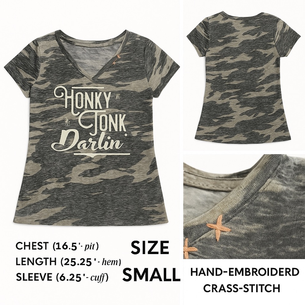 Honky Tonk Darlin’ Burnout Camo Tee w/ Hand Embroidery – Size Small